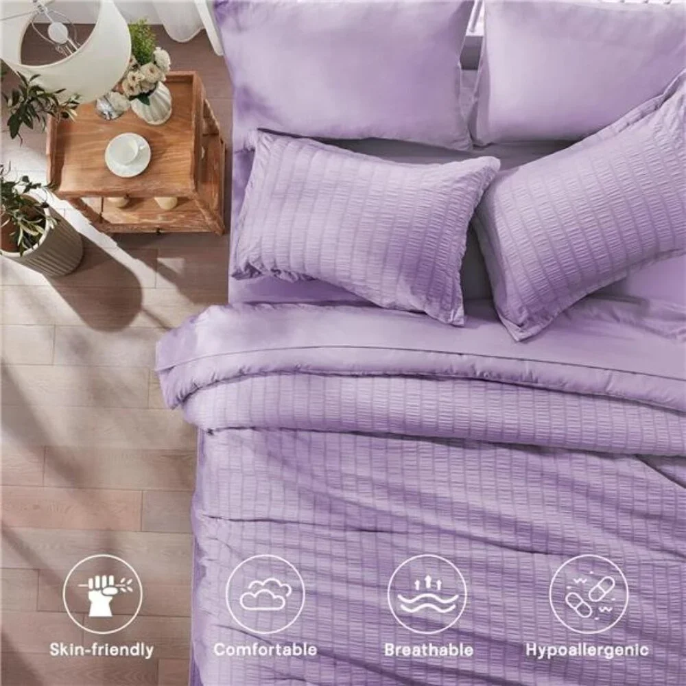 New Twin Comforter Set 5 Pieces, Light Purple Seersucker Bed in a Bag